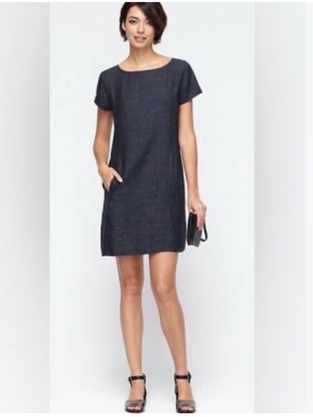 Eileen Fisher M linen Women's Short Sleeve Shift Dress - Charcoal